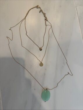 Gold Layered Necklace with Mint Green Oval Pendant